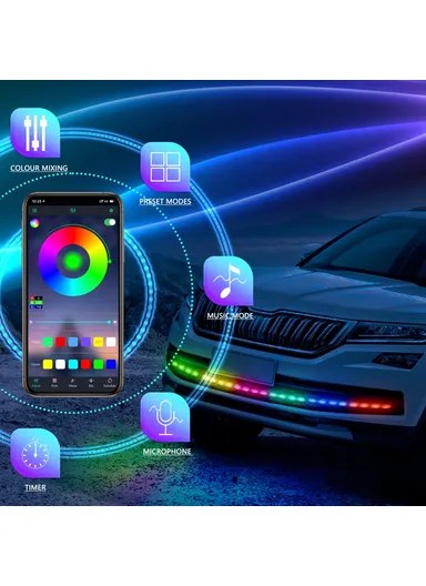 A15 150cm 5050 LED RGB Daytime Running Light Strip Car Front Bumper Grille Bluetooth APP Control Warning Light