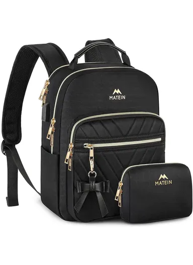 2 Pcs Women's Travel Bag Set, Waterproof Backpack with USB Port &amp; Organizer Pouch - Black