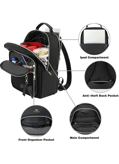 2 Pcs Women's Travel Bag Set, Waterproof Backpack with USB Port &amp; Organizer Pouch - Black