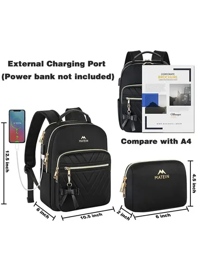 2 Pcs Women's Travel Bag Set, Waterproof Backpack with USB Port &amp; Organizer Pouch - Black