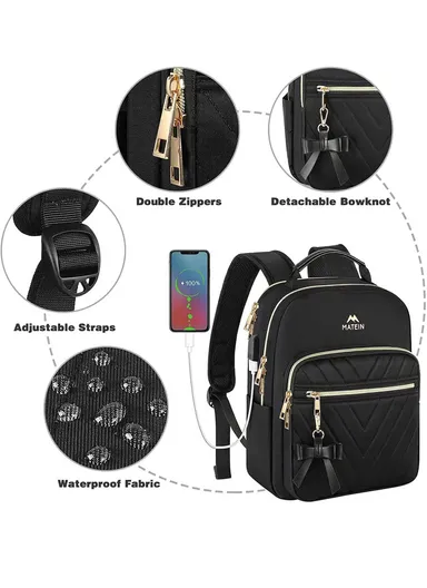 2 Pcs Women's Travel Bag Set, Waterproof Backpack with USB Port &amp; Organizer Pouch - Black