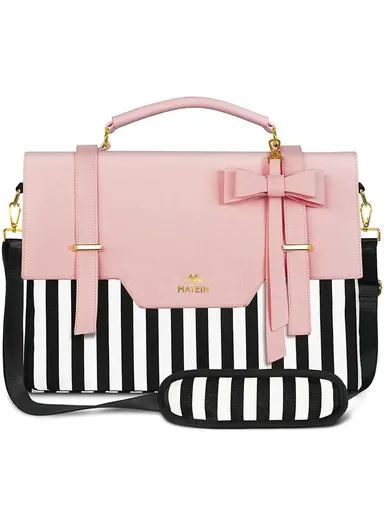 Women’s PU Leather Laptop Bag with RFID Pocket &amp; Detachable Bow - Pink