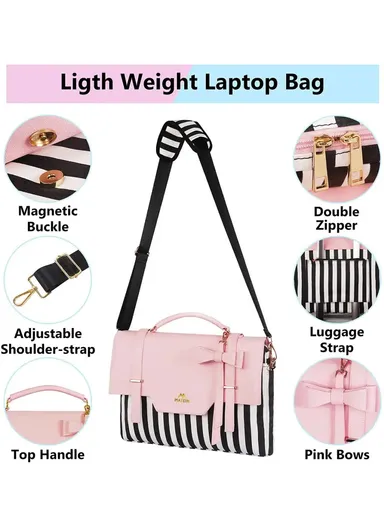 Women’s PU Leather Laptop Bag with RFID Pocket &amp; Detachable Bow - Pink