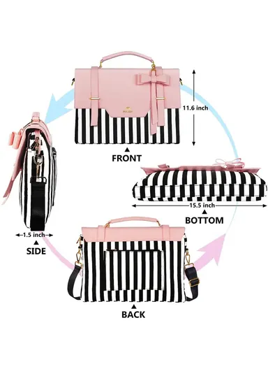 Women’s PU Leather Laptop Bag with RFID Pocket &amp; Detachable Bow - Pink
