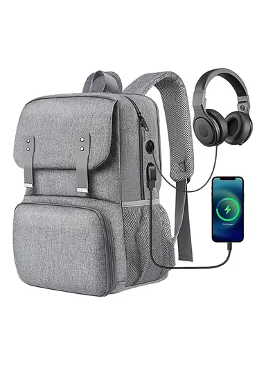 Leakproof Laptop Backpack with Insulated Lunch Compartment &amp; USB Port - Grey