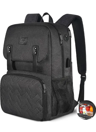 Leakproof Laptop Backpack with Insulated Lunch Compartment &amp; USB Port - Grey