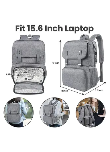 Leakproof Laptop Backpack with Insulated Lunch Compartment &amp; USB Port - Grey