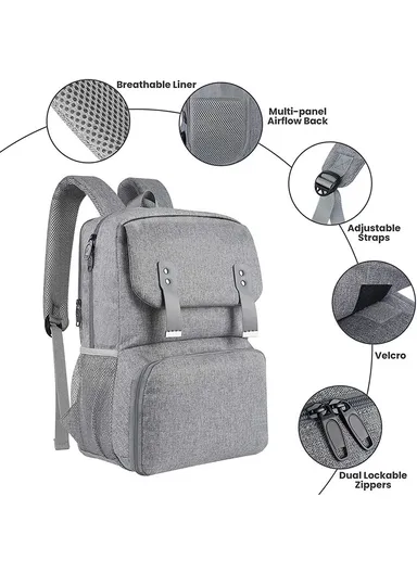 Leakproof Laptop Backpack with Insulated Lunch Compartment &amp; USB Port - Grey