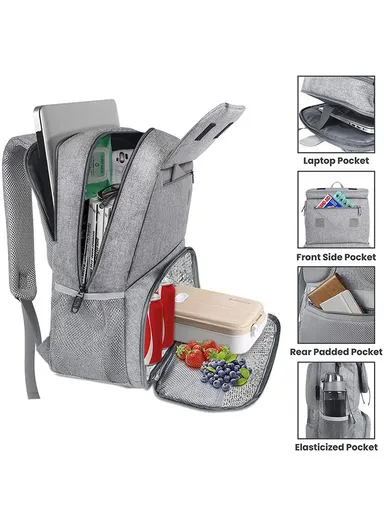 Leakproof Laptop Backpack with Insulated Lunch Compartment &amp; USB Port - Grey