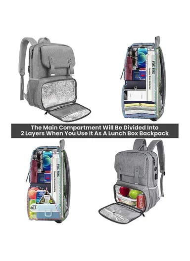 Leakproof Laptop Backpack with Insulated Lunch Compartment &amp; USB Port - Grey