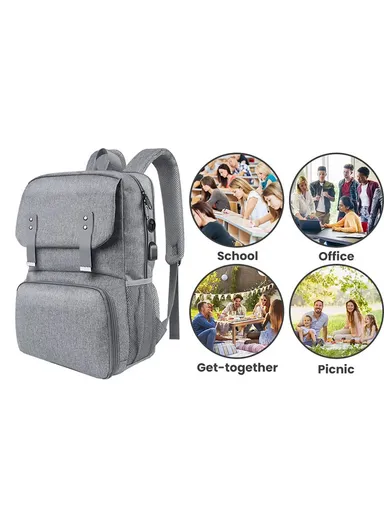 Leakproof Laptop Backpack with Insulated Lunch Compartment &amp; USB Port - Grey