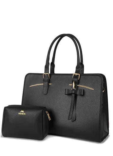 2 Pcs Women’s PU Leather Laptop Tote Bag with USB Charging Port &amp; Mini Organizer - Black