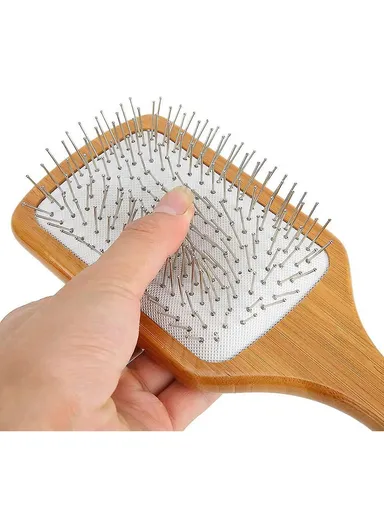 Bamboo Wood Brush With Wide Metal Bristles For Hair Care &amp; Styling (L25.5 x W8 x H3.5)cm