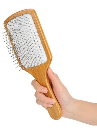 Bamboo Wood Brush With Wide Metal Bristles For Hair Care &amp; Styling (L25.5 x W8 x H3.5)cm