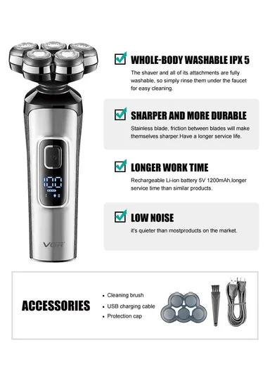 5D Rotary Waterproof Portable Electric Shaver For Men With LED Display V-385 (L16.5 x W7 x H4.5)cm