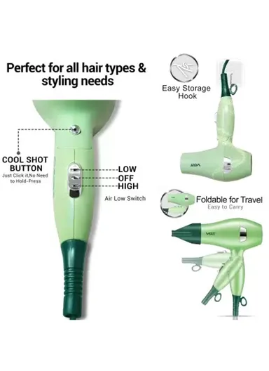 1000W Foldable Portable Unisex Hair Dryer With 3-Speed Switch V-432 (L13 x W6 x H20)cm - Green