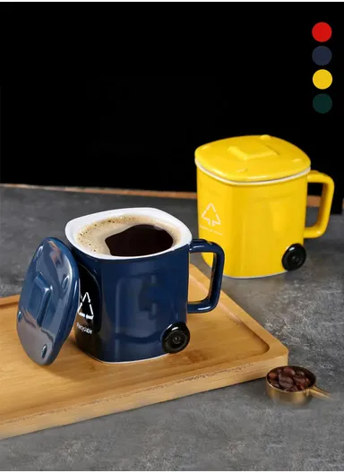 400ml Ceramic Cup Recycling Bin Mug Trash Can With Lid (L9 x W9 x H9)cm