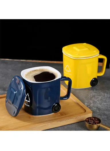 400ml Ceramic Cup Recycling Bin Mug Trash Can With Lid (L9 x W9 x H9)cm