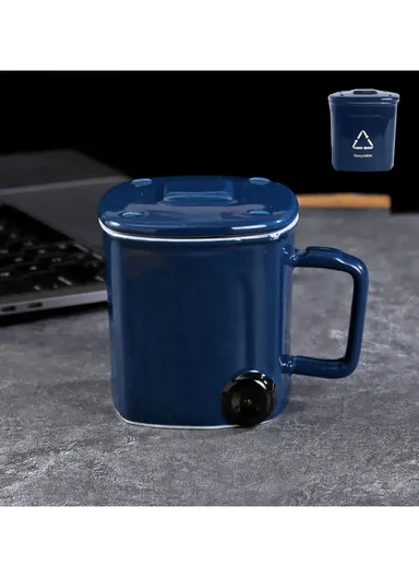 400ml Ceramic Cup Recycling Bin Mug Trash Can With Lid (L9 x W9 x H9)cm