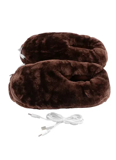 36-46 USB Electric Heated Slippers Winter Thicken Feet Warmer Plush Shoes Foot Heater - Brown