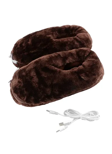36-46 USB Electric Heated Slippers Winter Thicken Feet Warmer Plush Shoes Foot Heater - Brown