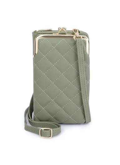 Rhombus Stitching Lines Crossbody Phone Bag Women PU Leather Zipper Wallet - Green