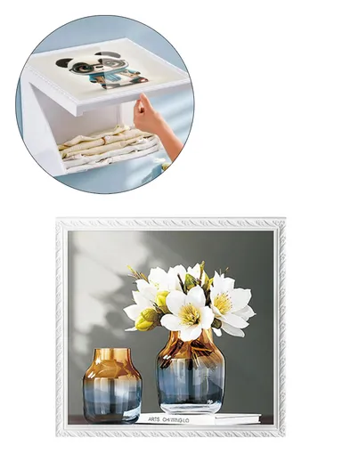 Picture Frame Dual-Layer Waterproof Wall-Mounted Folding Cloth Container For Bathroom - White Flower (L40 x W38)cm