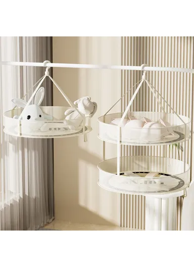 Dual-Layer 40CM Round Hanging Drying Rack Net Pocket Mesh Drying Basket (D40 x H12)cm