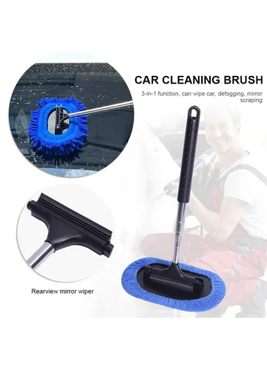 3-in-1 Car Windshield Cleaning Wash Tool Interior Auto Glass Wiper with Extendable Handle Window Cleaner Brush (L33 x W18)cm