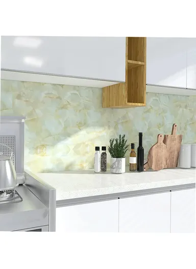 Marble Pattern PET Oil Proof Wallpaper Kitchen Wall Sticker (L500 x W60)cm - White / Grey