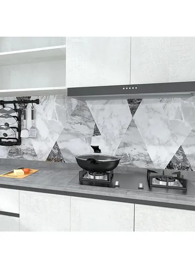 Marble Pattern PET Oil Proof Wallpaper Kitchen Wall Sticker (L500 x W60)cm - White / Grey