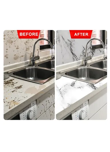 Marble Pattern PET Oil Proof Wallpaper Kitchen Wall Sticker (L500 x W60)cm - White / Grey