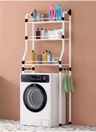 3-Layer Washing Machine Rack, Bathroom Organizer with 5 Hooks (H155 x W64 x D25) cm