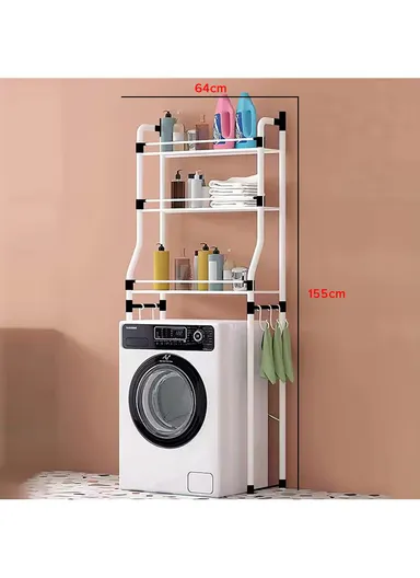 3-Layer Washing Machine Rack, Bathroom Organizer with 5 Hooks (H155 x W64 x D25) cm