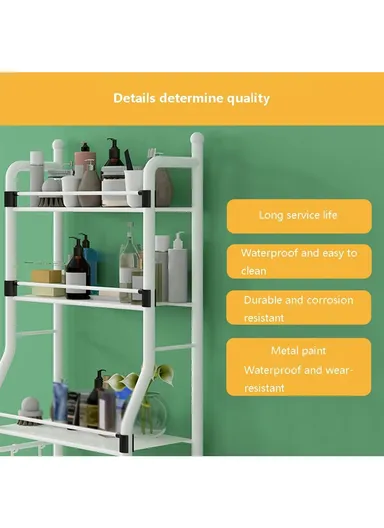 3-Layer Washing Machine Rack, Bathroom Organizer with 5 Hooks (H155 x W64 x D25) cm