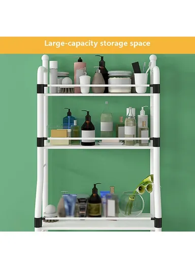 3-Layer Washing Machine Rack, Bathroom Organizer with 5 Hooks (H155 x W64 x D25) cm