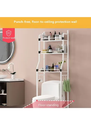 3-Layer Washing Machine Rack, Bathroom Organizer with 5 Hooks (H155 x W64 x D25) cm