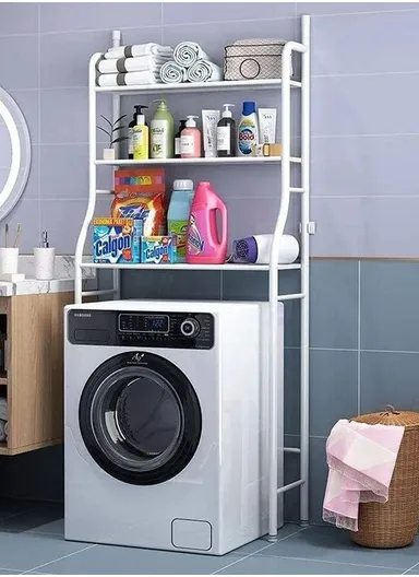 3-Layer Multifunctional Washing Machine Rack Organizer, Storage Rack Above Washing Machine, Bathroom Organizer with 5 Hooks for Bathroom, Balcony, Utility Room, or Anywhere in Home (W65 x D25 x H155)cm - White