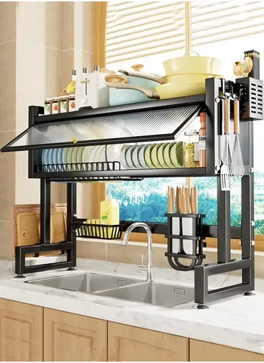 2-Layer Multifunction Drying Rack Over Sink Dish Rack Large Dish Drainer Rack Kitchen Counter Storage with Glass Cover (W80 x D30 x H75)cm