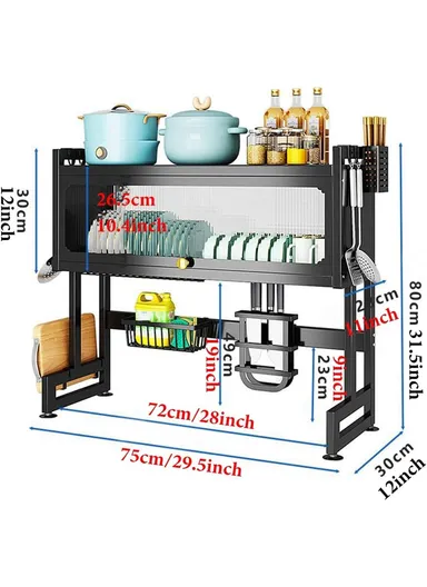 2-Layer Multifunction Drying Rack Over Sink Dish Rack Large Dish Drainer Rack Kitchen Counter Storage with Glass Cover (W80 x D30 x H75)cm