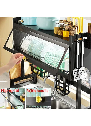 2-Layer Multifunction Drying Rack Over Sink Dish Rack Large Dish Drainer Rack Kitchen Counter Storage with Glass Cover (W80 x D30 x H75)cm