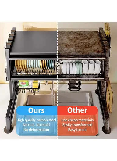 2-Layer Multifunction Drying Rack Over Sink Dish Rack Large Dish Drainer Rack Kitchen Counter Storage with Glass Cover (W80 x D30 x H75)cm