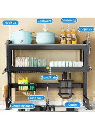2-Layer Multifunction Drying Rack Over Sink Dish Rack Large Dish Drainer Rack Kitchen Counter Storage with Glass Cover (W80 x D30 x H75)cm