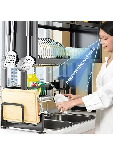 2-Layer Multifunction Drying Rack Over Sink Dish Rack Large Dish Drainer Rack Kitchen Counter Storage with Glass Cover (W80 x D30 x H75)cm