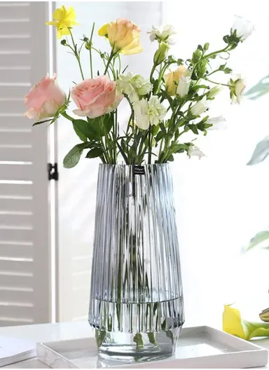 Luxury Transparent Ribbed Hight-Quality Flower Glass Vase For Home &amp; Office (D15 x H30)cm