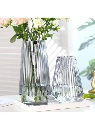Luxury Transparent Ribbed Hight-Quality Flower Glass Vase For Home &amp; Office (D15 x H30)cm