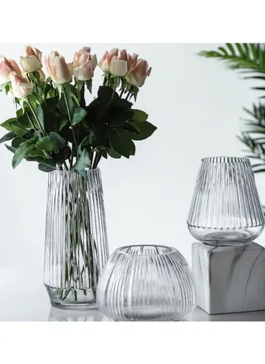 Luxury Transparent Ribbed Hight-Quality Flower Glass Vase For Home &amp; Office (D15 x H30)cm