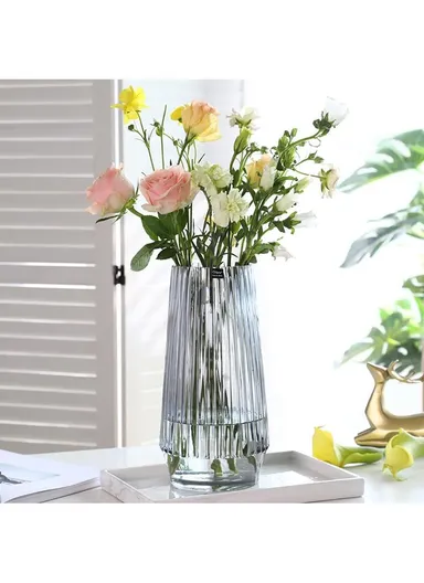 Luxury Transparent Ribbed Hight-Quality Flower Glass Vase For Home &amp; Office (D15 x H30)cm