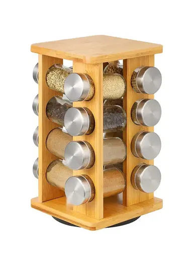 16 Square Jars Spice Rack Stand Carousel Rotating Glass B66-16Z (L16 x W16 x H27)cm