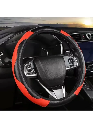 38cm Carbon Fiber Texture Car Steering Wheel Cover Leather Anti-skid Wheel Sleeve - Red